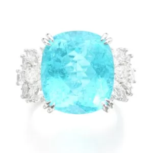 12.02 ct Paraiba tourmaline from Brazil (heated and with minor a amount of filler) sold for ca. US$ 430,000 at Sotheby’s Geneva in November 2023. Photo: Sotheby’s.