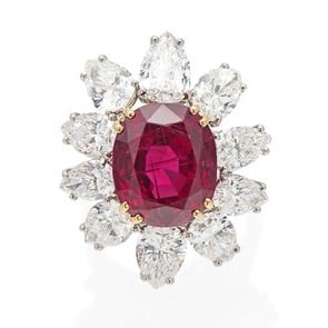 13.07 ct unheated Burmese ruby in a Chaumet ring. Sold for ca. US$ 5.4 million at Christie’s Geneva in May 2023.