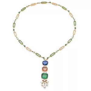 Bulgari sapphire, coloured sapphire, emerald and diamond necklace sold at Christie’s Geneva in May 2023 for ca. US$ 2.9 million. The necklace contained an unheated blue sapphire from Madagascar (37.84 ct), an unheated padparadscha sapphire from Sri Lanka (33.59 ct) and an emerald from Colombia (33.20 ct) with a minor amount of resin.