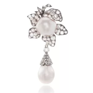 Natural pearl and diamond brooch, attributed to Moritz Hübner, late 19th century