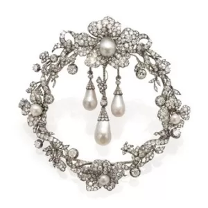 Natural pearl and diamond devant-de-corsage, circa 1865. Sold for ca. US$ 1.2 million at Sotheby’s Geneva in November 2023.