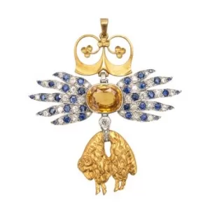 Untreated zircon, sapphire and diamond neck badge of the Order of the Golden Fleece, early 20th century. Sold for ca. US$ 80,000 at Sotheby’s Geneva in November 2023.